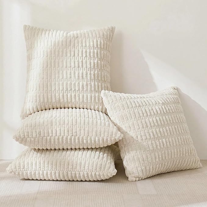 Fancy Homi 4 Packs Boho Cream Decorative Throw Pillow Covers 20x20 Inch for Living Room Couch Bed Sofa, Rustic Modern Farmhouse Home Decor, Soft Plush Corduroy Square Beige Cute Cushion Case 50x50 cm