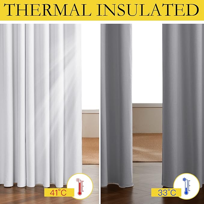 NICETOWN 100% Absolutely Blackout Linen Curtains with Thermal Insulated White Liner, White, 34 inches Wide, 80 inches Length Energy Saving Curtains for Living Room 2 Panels Set, Vertical Blinds
