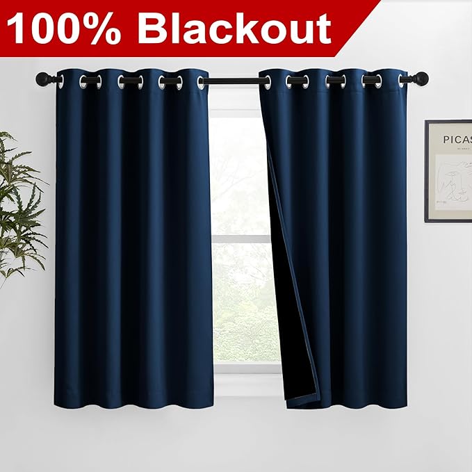 NICETOWN 100% Blackout Curtains with Black Liners, Solid Thermal Insulated Full Blackout 2-Layer Lined Drapes, Energy Efficiency Window Draperies for Bedroom (2 Panels, 46" W by 54" L, Moroccan Blue)