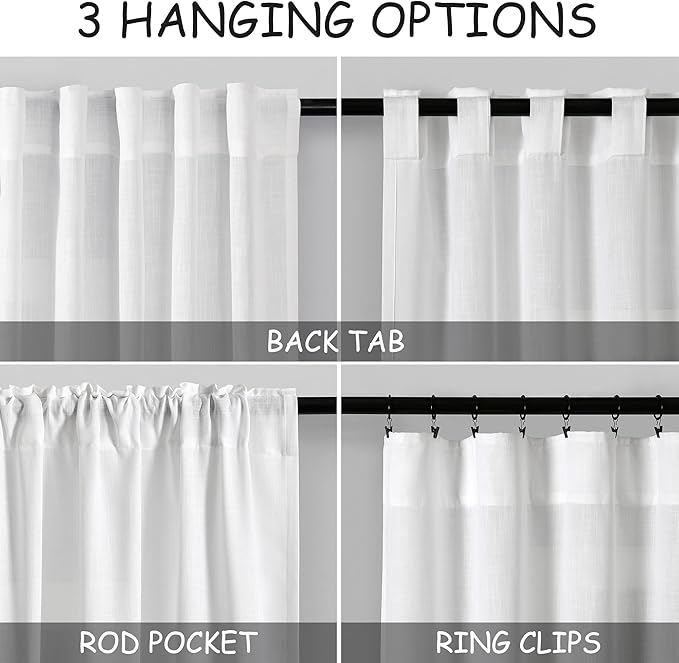 Nanspring White Linen Curtains for Living Room Farmhouse Light Filtering Semi Sheer Linen Drapes 106 Inches Long Extra Long Back Tab Curtains Ceiling to Floor for Large Window 2 Panels Set 52x106