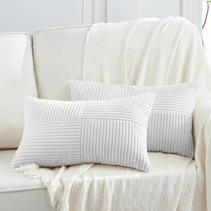 Fancy Homi 2 Packs White Long Lumbar Decorative Throw Pillow Covers 16x24 Inch for Couch Bed Sofa, Rustic Farmhouse Boho Home Decor, Soft Striped Corduroy Rectangle Accent Cushion Case 40x60 cm
