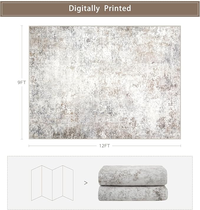 Modern Washable Rugs 9x12 Area Rugs for Living Room,Abstract Rugs for Bedroom,Large Carpets,Ultra Soft Faux Wool Retro Dining Room Rug,Non Slip&Non-Shedding Low Pile Print Rug- Beige Grey