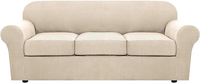 H.VERSAILTEX 4 Piece Stretch Couch Covers for 3 Cushion Couch Sofa Furniture Slipcovers Feature Upgraded Thicker Jacquard Fabric (Sofa, Natural)