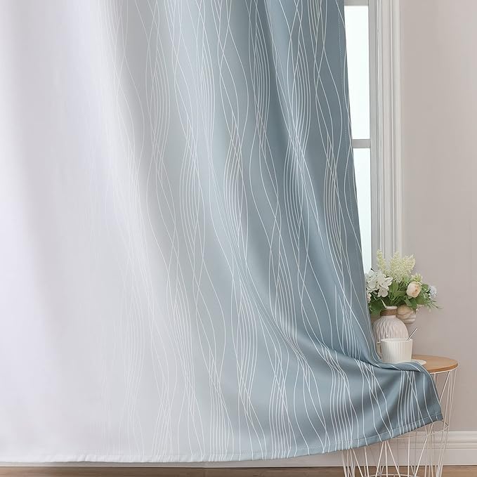 Estelar Textiler Stone Blue and Greyish White Ombre Blackout Curtains 90 Inch Length 2 Panels Set, Thermal Insulated Drapes for Bedroom,Full Room Darkening Gradient Curtains for Living Room,52Wx90L