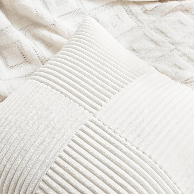 Fancy Homi Set of 2 Cream White Lumbar Decorative Throw Pillow Covers 16x26 Inch for Living Room Couch Bed, Boho Farmhouse Forest Green Home Decor, Soft Corduroy Corss Patchwork Cushion Case 65x40 cm