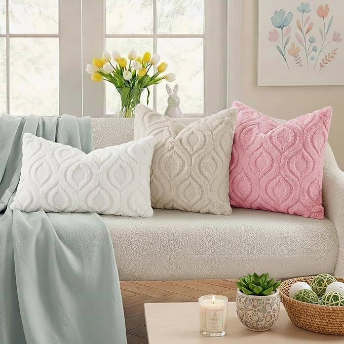 decorUhome Throw Pillow Covers 24x24 Inch Set of 2, Soft Plush Faux Wool Beige Solid Couch Pillow Covers, Accent Euro Sham Farmhouse Neutral Square Pillow Cases for Sofa Bed Living Room