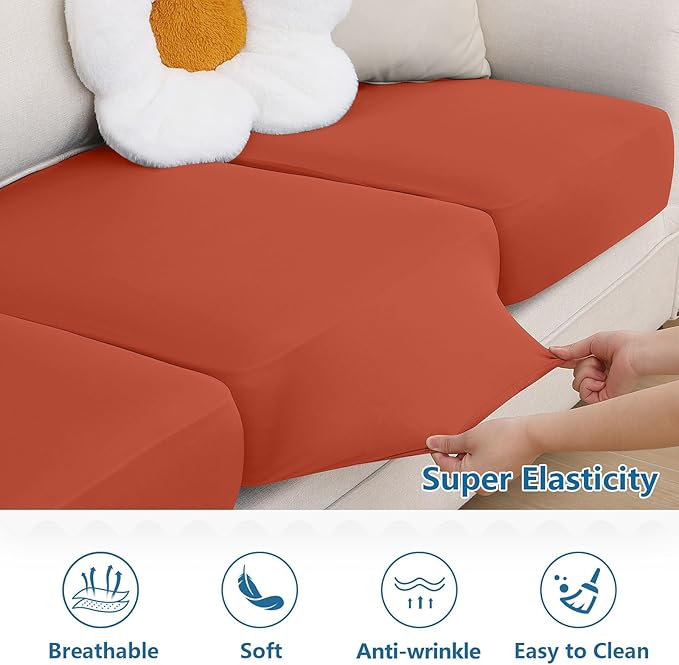 hyha Milk Silk Couch Cushion Covers, Soft Magic Sofa Covers Washable for 3 Cushion Couch, Stretch Sectional Outdoor Cushion Covers for Patio Furniture with Elastic Bottom(3 Packs, Rust)