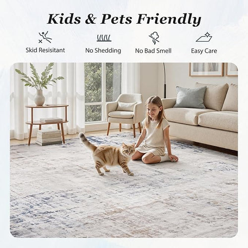 6 x 9 Area Rugs for Living Room, Machine Washable Non Slip Rug Ultra Soft Low Pile Indoor Carpet Modern Abstract Rugs for Bedroom Office Room Dining Room Beside, Blue/Grey