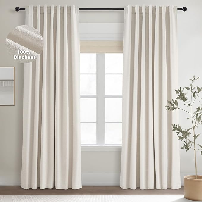 Topfinel 92 Inch Long Black Out Custom Drapery 2 Panels Neutral Blackout Cream White Curtains, Sun Blocking Tab Top Curtain Room Divider, Internet Famous Textured Linen Curtains 52" X 92", Bay Window