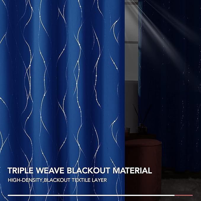 Deconovo Blackout Curtains, Thermal Insulated Noise‑Reducing Drapes, Wave Line Dot Foil Print, 52 x 84 Inch Long, 2 Panels, Machine‑Washable Window Curtains for Bedroom Living Room Kitchen Office