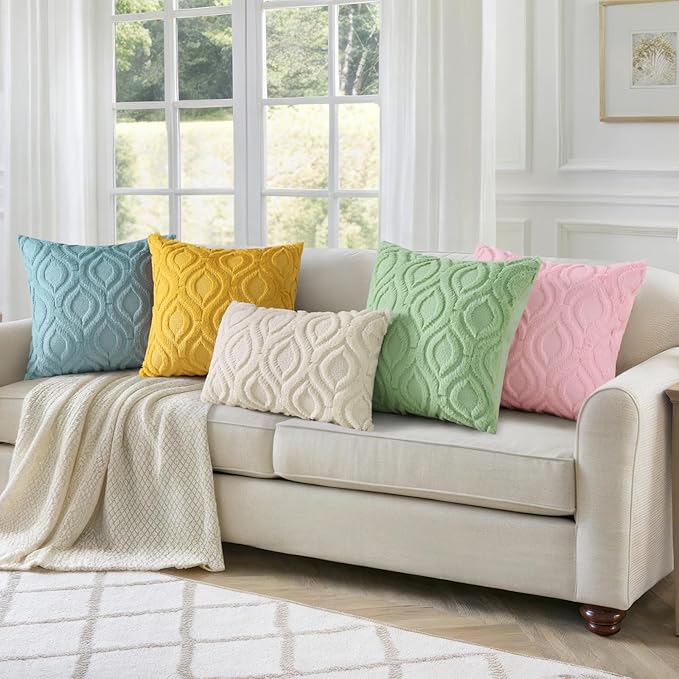 decorUhome Throw Pillow Covers 12x20 Inch Set of 2, Soft Plush Faux Wool Blue Grey Solid Couch Pillow Covers, Accent Farmhouse Neutral Rectangle Pillow Cases for Sofa Bed Living Room