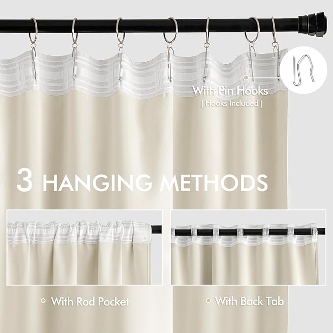 MIULEE Beige White Back Tab Blackout Curtains 63 Inch Length 2 Panels Set for Living Room Bedroom Privacy, Rod Pocket/Pinch Pleat Thermal Insulated Room Darkening Pleated Light Blocking Drapes