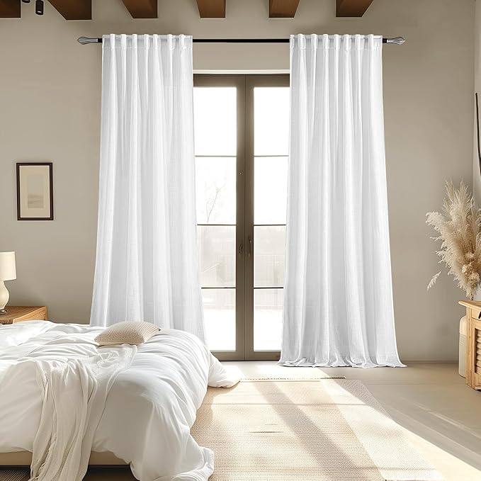 MIULEE White Linen Curtains 104 Inch Long 2 Panels for Bedroom Living Room, Soft Thick Linen Textured Back Tab Window Drapes Semi Sheer Light Filtering Rod Pocket Modern Farmhouse Decor