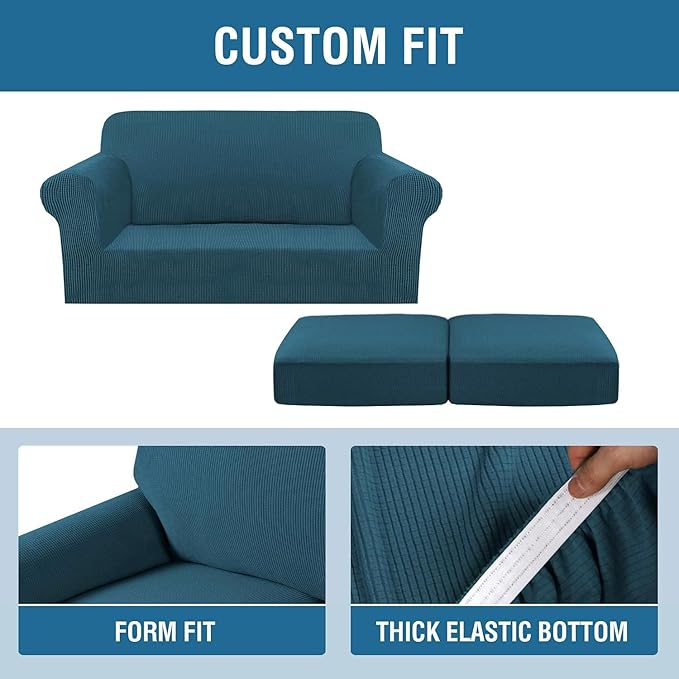 H.VERSAILTEX 3 Piece Stretch Sofa Covers for 2 Cushion Sofa Couch Covers for Living Room Sofa Slipcovers (Base Cover Plus 2 Seat Cushion Covers) Thicker Jacquard Fabric(Large Sofa, Deep Teal)