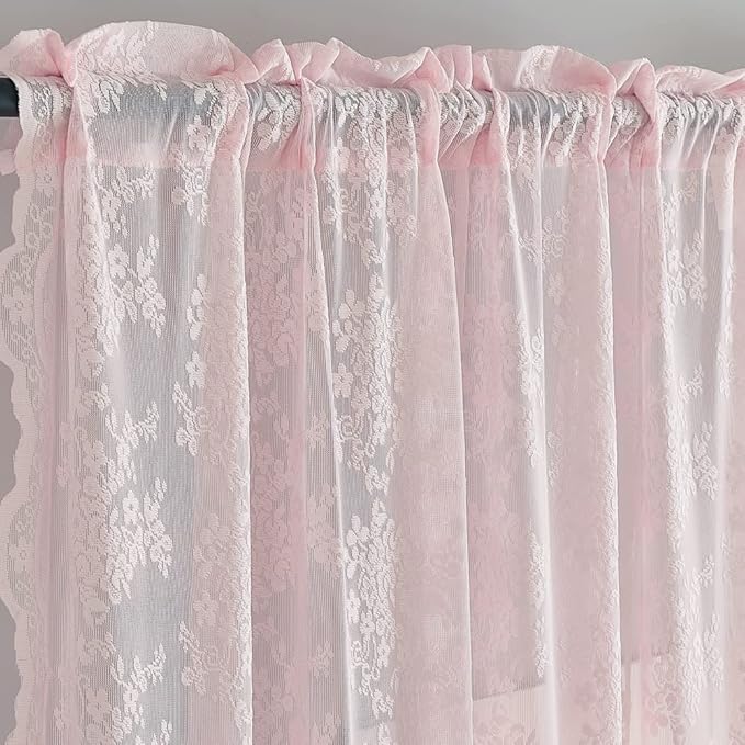 YJ YANJUN Vintage Lace Curtains 84 Inches Long- Pretty Pastel Floral Pink Sheer Curtain Panels for Living Room Girl Bedroom,Light Filtering, Cute Princess Girls Room Drapes 2 Panels 52W x 84L