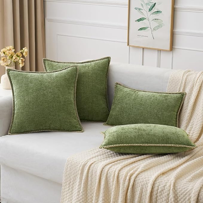 MIULEE Pack of 2 Couch Throw Pillow Covers 16x16 Inch Sage Green Farmhouse Decorative Pillow Covers with Stitched Edge Soft Chenille Solid Dyed Spring Pillow Covers for Sofa Bed Living Room