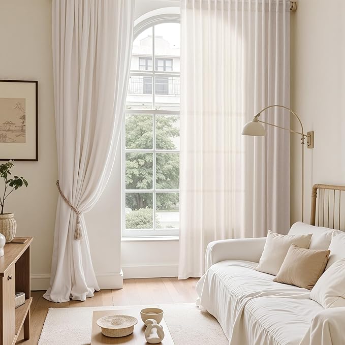 Ivory White Linen Curtains 132 Inch Length for Living Room Light Filtering Semi Sheer Curtain Back Tab Neutral Modern Farmhouse Decor Drapes Floor to Ceiling High Window for Bedroom 52x132, 2 Panels