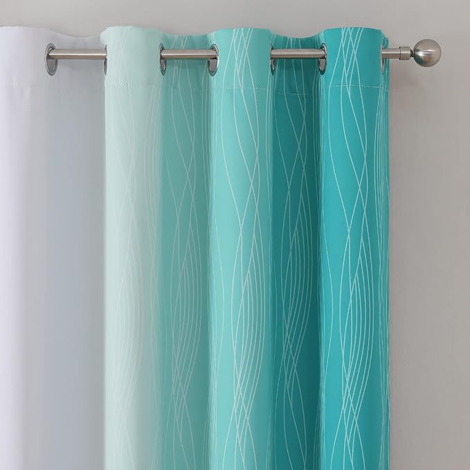 Estelar Textiler Teal and Greyish White Ombre Blackout Curtains 90 Inch Length 2 Panels Set, Thermal Insulated Drapes for Bedroom,Full Room Darkening Grommet Gradient Curtains for Living Room,52Wx90L
