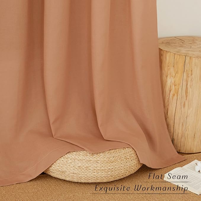 NICETOWN Linen Burnt Orange Curtains 90 inch Length 2 Panels, Grommet Privacy Added Thick Flax Linen Burlap Semi Sheer Light Filtering Window Treatments for Bedroom/Girls Room, W55 x L90