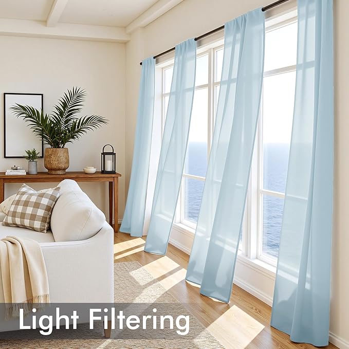 MIULEE Sky Blue Sheer Curtains 96 Inches Long, 4 Panels Set, Light Filtering Rod Pocket Voile Drapes for Living Room and Bedroom, Airy Soft Fabric Window Treatments, 42 x 96 Inches