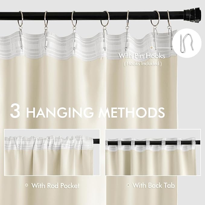 MIULEE Birch Back Tab Blackout Curtains 72 Inches Long 2 Panels Set for Living Room Bedroom Privacy, Rod Pocket/Pinch Pleat Thermal Insulated Room Darkening Pleated Light Blocking Drapes