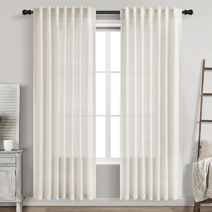 Nanspring Cream Linen Blend Light Filtering Curtains 82 Inch Length 2 Panel Set Pocket Back Tab Privacy Semi Sheer Decorative Decor Curtain Drapes for Bedroom Living Room 52x82 Inches Long