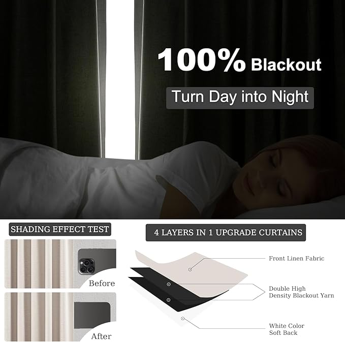 Beige Color Blackout Curtains 90 Inch Long 2 Panels,Back Tab Pleated Heading Tape with Hooks,Minimalist Completely Shaded Thermal Insulated Noise Reducing French Door Drapes Oatmeal