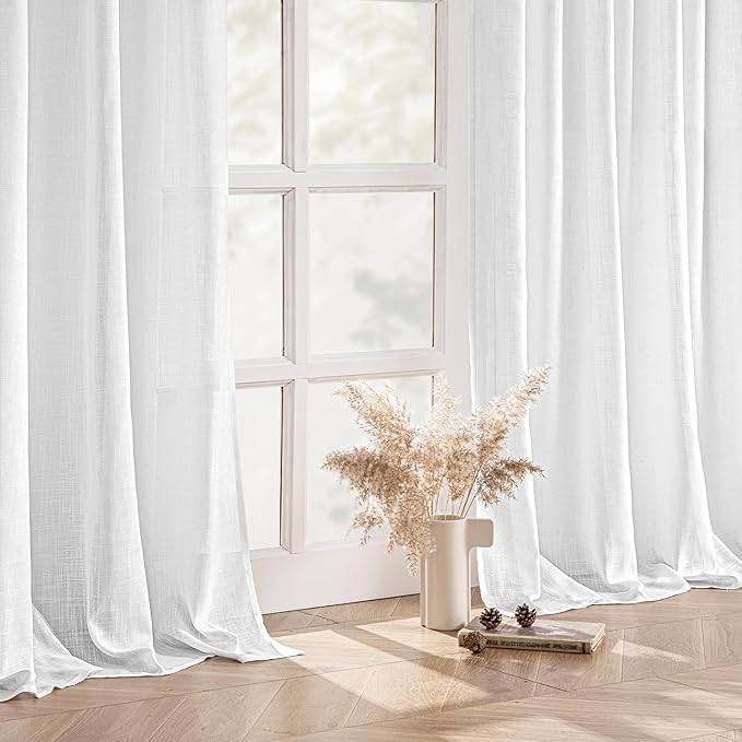 MIULEE White Linen Curtains 80 Inch Length 2 Panels for Bedroom Living Room, Soft Thick Linen Textured Back Tab Window Drapes Semi Sheer Light Filtering Rod Pocket Modern Farmhouse Decor