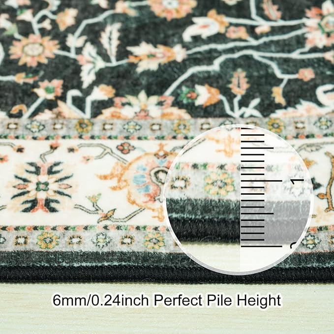 Washable 3x7 Kitchen Runner Rug: Non-Silp Runners Mat for Entryway Bathroom Indoor Entry Hallway Bedroom Laundry Soft Low Pile Distressed Carpet (Black, 3X7)