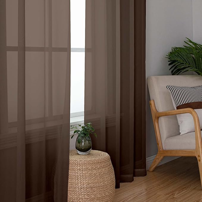 OWENIE Sheer Curtains 63 inch Length 2 Panels Set, Rod Pocket Voile Fimly Sheer Drapes for Living Room/Bedroom, 2pcs, Each 42" W x 63" L, Chocolate