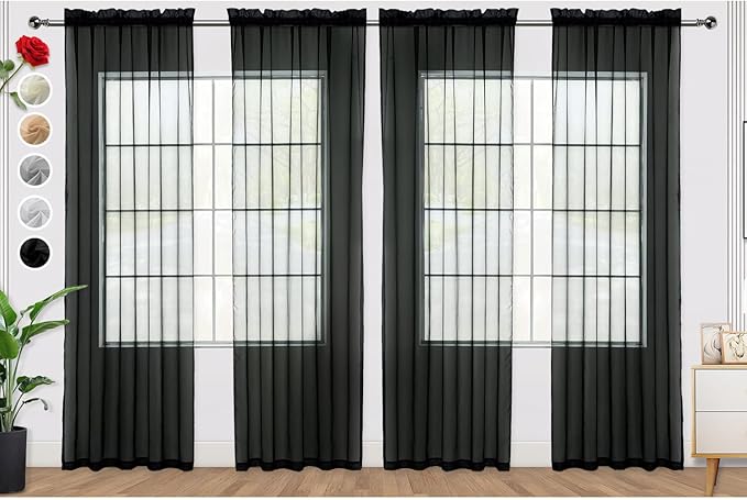SpaceDresser Black Sheer Curtains 4 Panels Rod Pocket Semi-Sheer Curtain 63 Inches Long Light Filtering Voile Window Drapes for Bedroom Living Room Kitchen, Each 52W x 63L