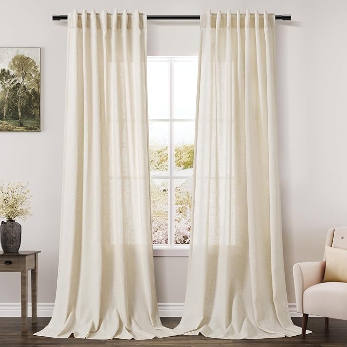Extra Long Warm Beige Linen Curtains 120 Inch for Living Room 2 Panels Set Rod Pocket Back Tab Light Filtering Semi Sheer Linen Window Drapes Privacy High Ceiling Drapes for Farmhouse 52x120