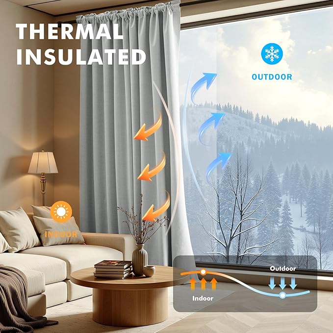 MIULEE 100% Blackout Linen Curtains for Bedroom, Grey Solid Luxury Decor Thermal Insulation Room Darkening Drapes for Living Room Nursery Back Tab Rod Pocket 42 x 72 Inches, 2 Panels