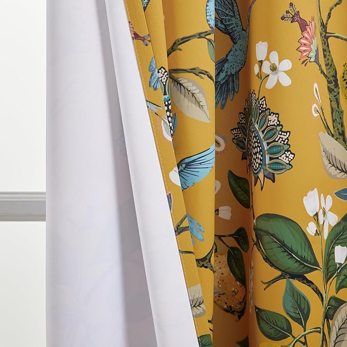 Topfinel 102 Inches Long Mustard Yellow Luxury Curtains for Living Room Bedroom, Blackout Vintage Art Deco Victorian Curtains Floral Lemon Hummingbird Printed Grommet Drape 102 Inch Length