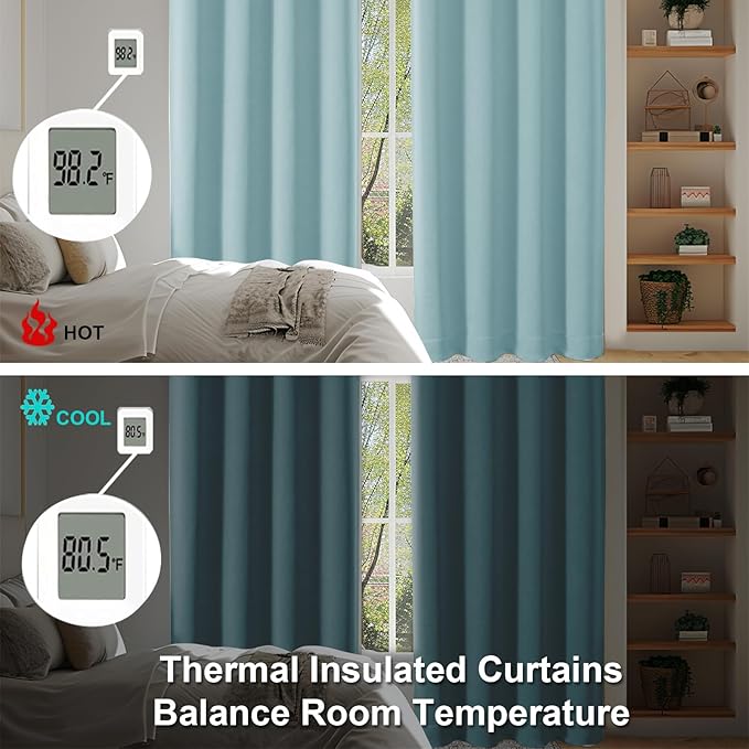 Simplebrand Ava Blackout Curtains for Patio 108 Inches Long 2 Panels Set, Solid Thermal Insulated Room Darkening Rod Pocket Window Treatment Curtains Blackout Drapes, W50 x L108 Inch, Aqua