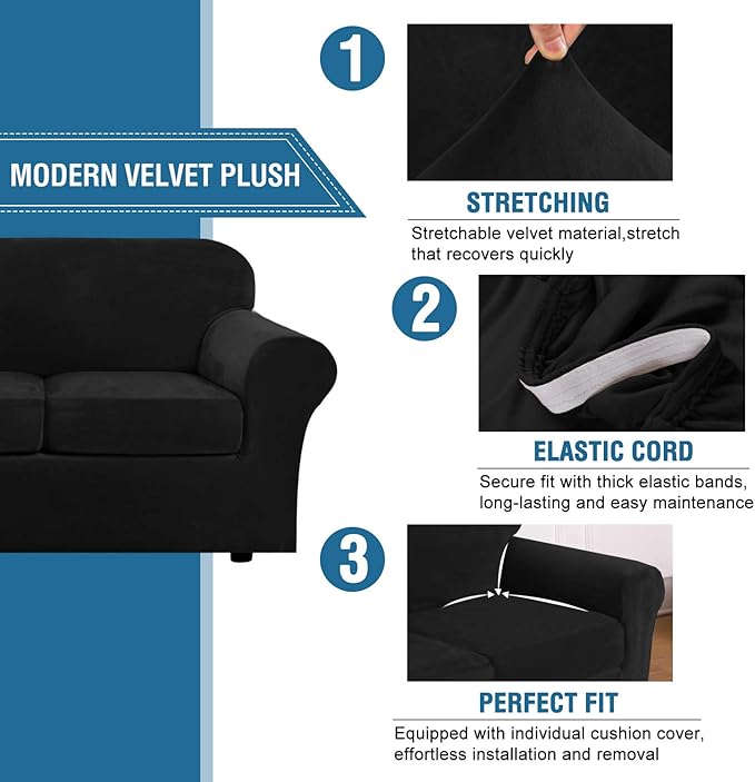 H.VERSAILTEX Rich Velvet Stretch 2 Piece Cover Chair Slipcover Sofa Cover Furniture Protector Couch Soft with Elastic Bottom Chair Couch Cover with Arms Width Up to 49 Inch(Chair, Black)