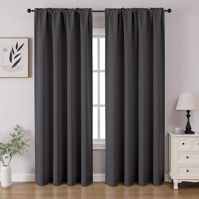CUCRAF Dark Grey Blackout Curtains 90 inch Length 2 Panels Set, Rod Pocket Room Darkening Drapes for Bedroom Living Room, Insulated Thermal Light Blocking Window Curtain (W52 x L90 Inch)