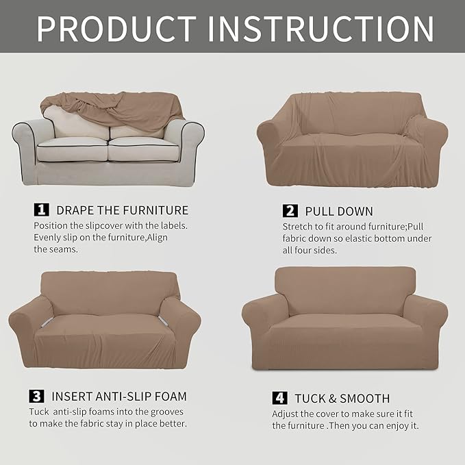 Easy-Going Stretch Oversized Sofa Slipcover 1-Piece Sofa Cover Furniture Protector Couch Soft with Elastic Bottom for Kids, Polyester Spandex Jacquard Fabric Small Checks Camel