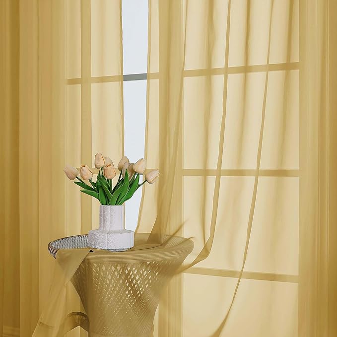 Chyhomenyc Gold Sheer Curtains 84 Inches Long 2 Panels, Light Filtering Gold Curtains for Living Room, Soft Gentle Voile Rod Pocket Bedroom Window Drapes, 59Wx84L Inch, 2PCS