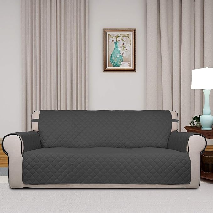 PureFit Reversible Quilted Sofa Cover, Water Resistant Slipcover Furniture Protector, Washable Couch Cover with Non Slip Foam and Elastic Straps for Kids, Pets (X Large, Dark Gray/Beige)