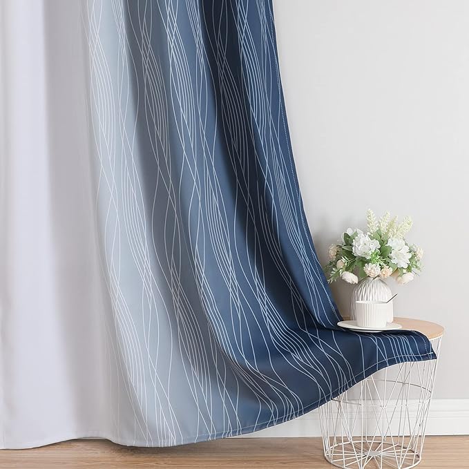 Estelar Textiler Navy Blue and Greyish White Blackout Curtains 108 Inches Long, Thermal Insulated Long Curtains for Bedroom, Full Light Blocking Energy Saving Drapes for Living Room,52Wx108L, 2 Panels