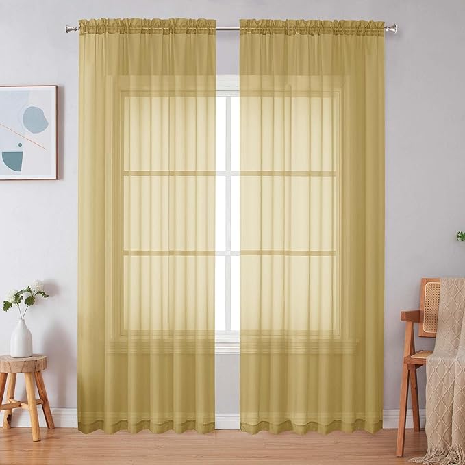Simplebrand Gold Sheer Curtains 84 Inches Long, Light Filtering Rod Pocket Solid Color Window Sheer Curtain Panels, Elegant Curtains & Drapes for Living Room, Bedroom 2 Panels, 59" W x 84" L