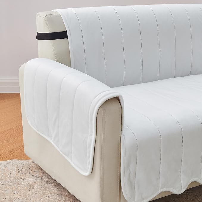Great Bay Home Velvet Sofa Cover - Washable Slipcover Furniture Protector with Elastic Straps - Furniture Cover for Dogs, Kids, and Pets - Stitched Detail (White)