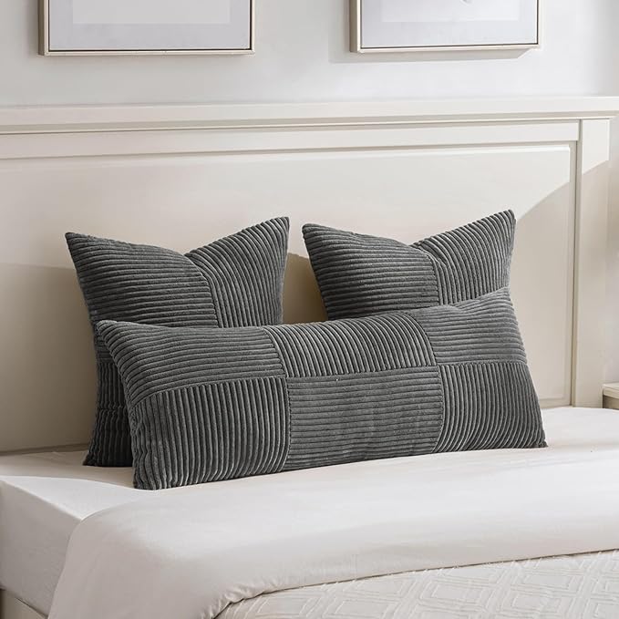 Fancy Homi Set of 2 Dark Gray Boho Long Lumbar Body Decorative Throw Pillow Cover 14x36 Inch for Bed Couch Bedroom Bench, Soft Patchwork Corduroy Textured Pillow Case, Rustic Farmhouse Room Décor