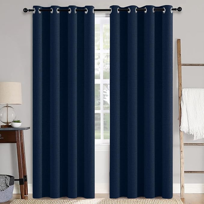 MIULEE 90 Inches Linen Textured Curtains for Bedroom 100% Blackout Thermal Insulated Midnight Blue Grommet Room Darkening Curtains & Drapes Luxury Decor for Living Room Nursery 52 x 90 Inch (2 Panels)