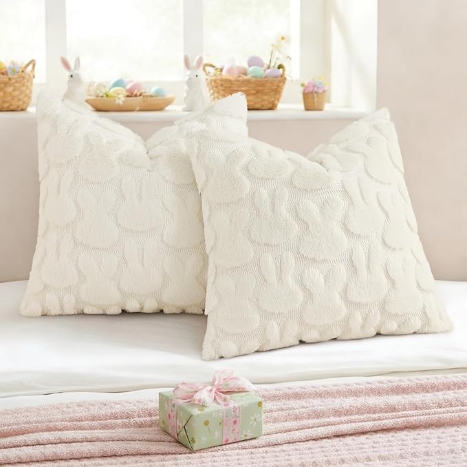 decorUhome Easter Bunny Pillow Covers 20x20 Inch Set of 2, Soft Plush Faux Wool Jacquard Cream White Rabbit Cushion Covers, Farmhouse Neutral Spring Easter Holiday Decor for Couch Sofa Bed