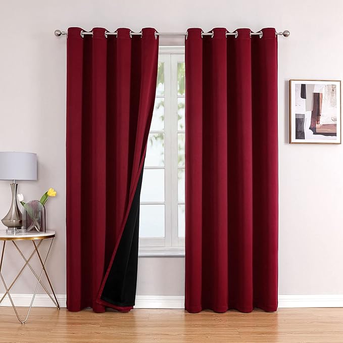 ChrisDowa 100% Blackout Curtains for Bedroom with Black Liner, 2 Thick Layers Total Blackout Thermal Insulated Grommet Long Window Curtains 2 Panels Set (Burgundy, 52 x 95 Inch)