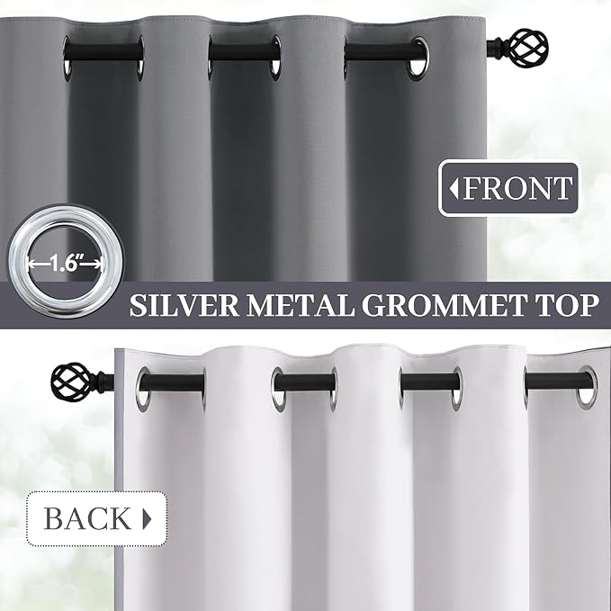 Yakamok Grey Room Darkening 100% Blackout Curtains Grommet Window Treatments with 2 Thick Layers-Gray Thermal Insulated Drapes Set of 2 Panels for Bedroom Living Room 52 Inches by 84 Inches Length