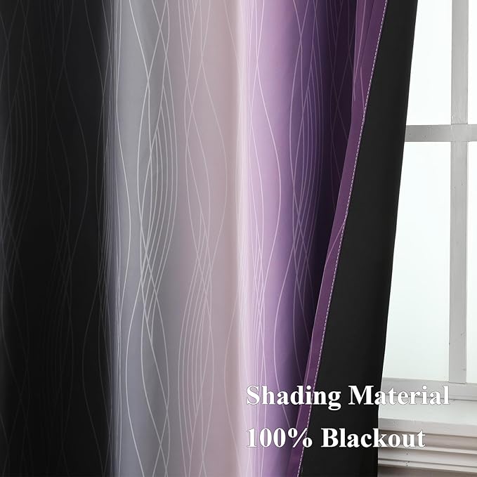 Estelar Textiler Purple and Black Ombre Blackout Curtains 102 Inches Long 2 Panels Set, Thermal Insulated Gradient Drapes for Bedroom, Energy Saving Grommet Curtains for Living Room,52Wx102L