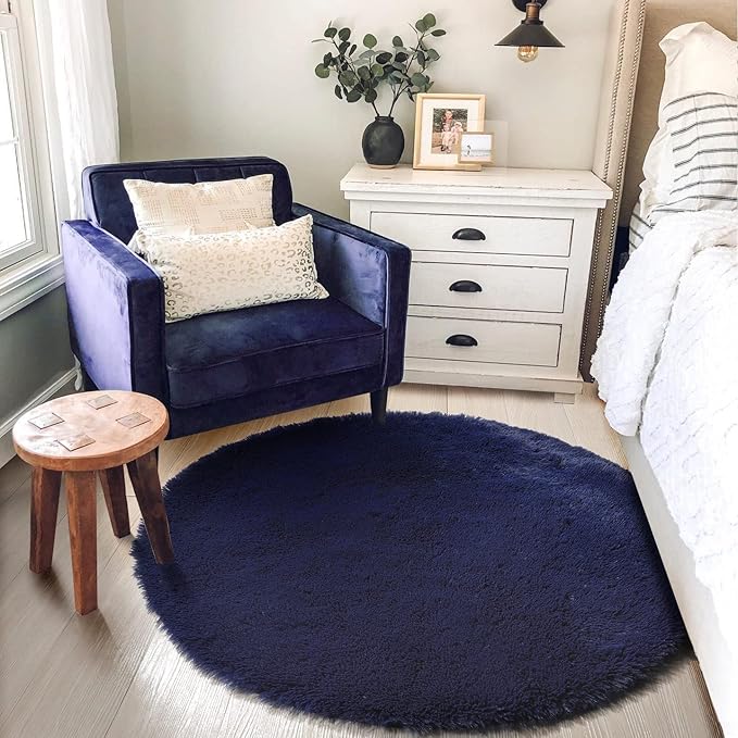 Amdrebio Dark Navy Round Rug 4Ft for Boys Room Bedroom, Fluffy Shag Fuzzy Plush Circle Area Rugs for Kids, Teens, Living Room Decor Aesthetic, Indigo Furry Cool Dark Blue Carpet for Dorm Baby Nursery
